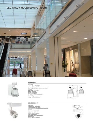 75mm
138mm
239mm
131mm
103mm
60mm
150.6mm
100mm
100mm
209mm
161mm
LED TRACK MOUNTED SPOT LIGHT
SON-S-DB30
SON-S-D028A-CT
Power: 30W
Luminous Flux: 1800-2000lm
Luminous Efficacy: 60-67lm/w
Color Temperature: 2700K/3000K/4000K/5000K
CRI: ≥80
Beam Angle: 12°/ 24°/ 60°
Material: Aluminum
Housing Color: White
Power Supply: Built-in
Input Voltage: AC 90-240V,50/60Hz
Weight: 1.4kg
Average Lifetime: ≥35000hrs
Power: 28W
Luminous Flux: 1500-1800lm
Luminous Efficacy: 64-72lm/w
Color Temperature: 2700K/3000K/4000K/5000K
CRI: ≥80
Beam Angle: 12°/ 24°/ 60°
Material: Aluminum
Housing Color: White/Black
Power Supply: Built-in
Input Voltage: AC 90-240V,50/60Hz
Weight: 1.02kg
Average Lifetime: ≥35000hrs
 