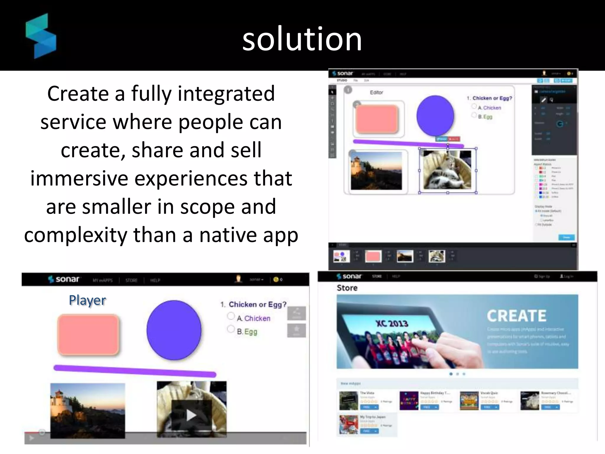 solution
Create a fully integrated
service where people can
create, share and sell
immersive experiences that
are smaller in scope and
complexity than a native app
Player

 