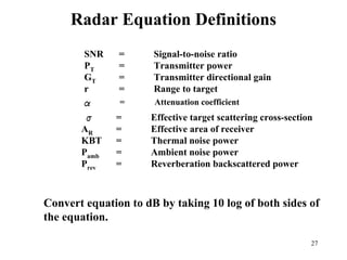 27
Radar Equation Definitions
SNR = Signal-to-noise ratio
PT = Transmitter power
GT = Transmitter directional gain
r = Range to target
= Attenuation coefficient
= Effective target scattering cross-section
AR = Effective area of receiver
KBT = Thermal noise power
Pamb = Ambient noise power
Prev = Reverberation backscattered power
Convert equation to dB by taking 10 log of both sides of
the equation.
 