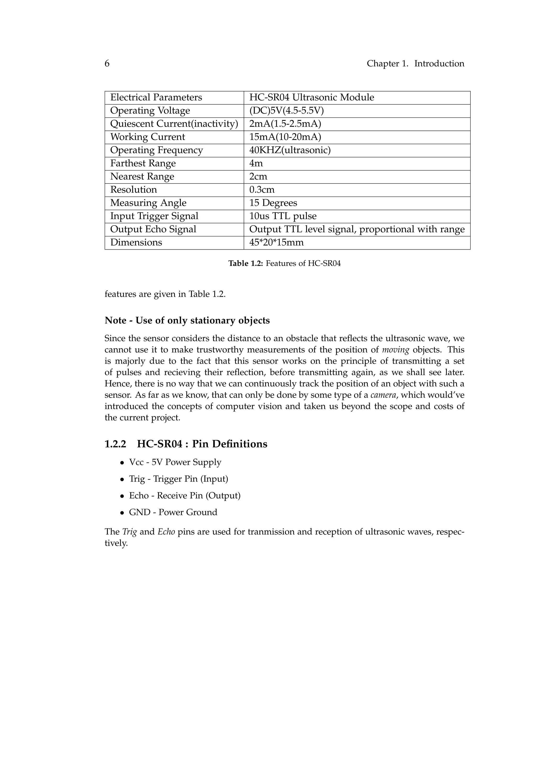 6 Chapter 1. Introduction
Electrical Parameters HC-SR04 Ultrasonic Module
Operating Voltage (DC)5V(4.5-5.5V)
Quiescent Current(inactivity) 2mA(1.5-2.5mA)
Working Current 15mA(10-20mA)
Operating Frequency 40KHZ(ultrasonic)
Farthest Range 4m
Nearest Range 2cm
Resolution 0.3cm
Measuring Angle 15 Degrees
Input Trigger Signal 10us TTL pulse
Output Echo Signal Output TTL level signal, proportional with range
Dimensions 45*20*15mm
Table 1.2: Features of HC-SR04
features are given in Table 1.2.
Note - Use of only stationary objects
Since the sensor considers the distance to an obstacle that reﬂects the ultrasonic wave, we
cannot use it to make trustworthy measurements of the position of moving objects. This
is majorly due to the fact that this sensor works on the principle of transmitting a set
of pulses and recieving their reﬂection, before transmitting again, as we shall see later.
Hence, there is no way that we can continuously track the position of an object with such a
sensor. As far as we know, that can only be done by some type of a camera, which would’ve
introduced the concepts of computer vision and taken us beyond the scope and costs of
the current project.
1.2.2 HC-SR04 : Pin Deﬁnitions
• Vcc - 5V Power Supply
• Trig - Trigger Pin (Input)
• Echo - Receive Pin (Output)
• GND - Power Ground
The Trig and Echo pins are used for tranmission and reception of ultrasonic waves, respec-
tively.
 