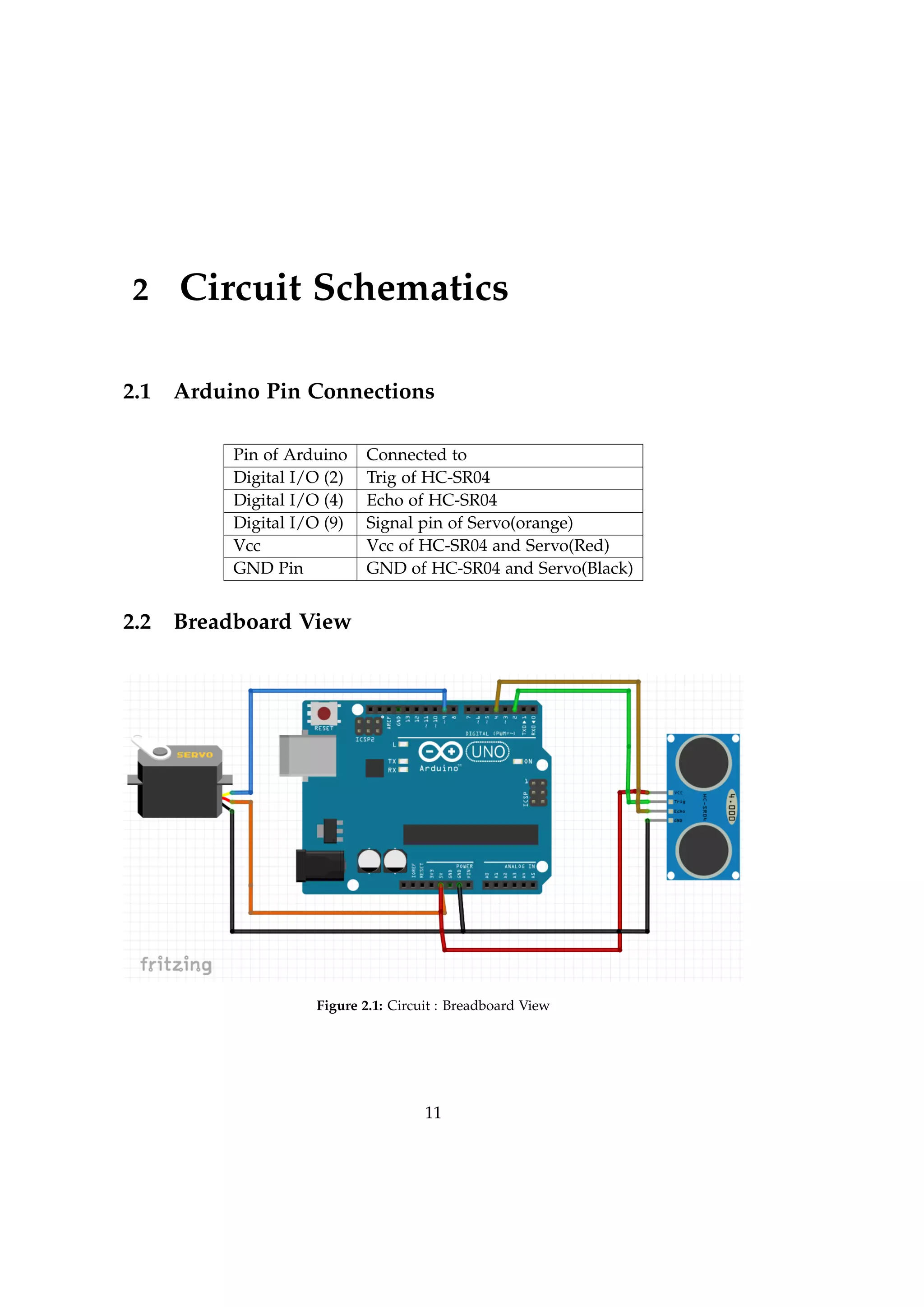 2 Circuit Schematics
2.1 Arduino Pin Connections
Pin of Arduino Connected to
Digital I/O (2) Trig of HC-SR04
Digital I/O (4) Echo of HC-SR04
Digital I/O (9) Signal pin of Servo(orange)
Vcc Vcc of HC-SR04 and Servo(Red)
GND Pin GND of HC-SR04 and Servo(Black)
2.2 Breadboard View
Figure 2.1: Circuit : Breadboard View
11
 
