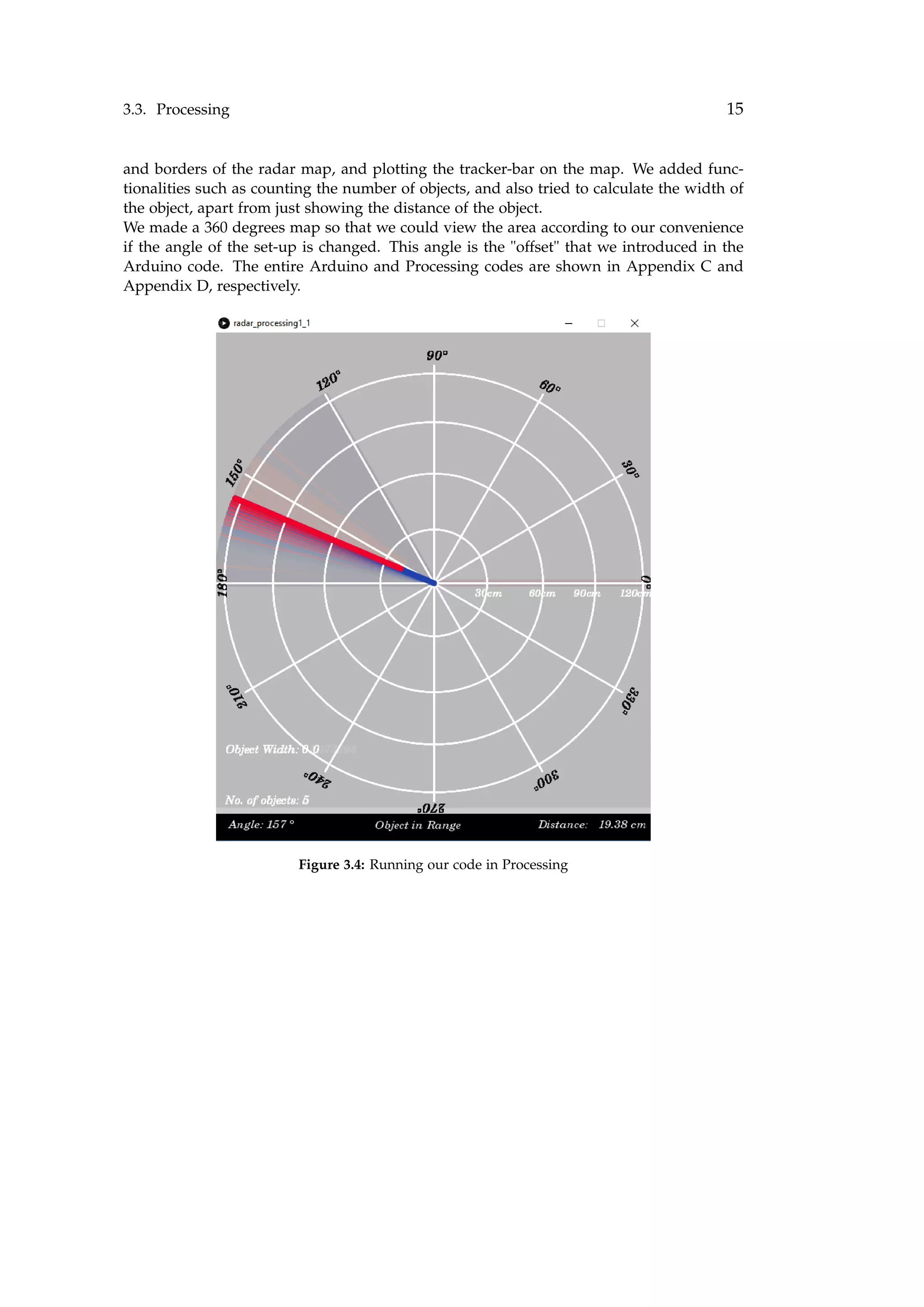 3.3. Processing 15
and borders of the radar map, and plotting the tracker-bar on the map. We added func-
tionalities such as counting the number of objects, and also tried to calculate the width of
the object, apart from just showing the distance of the object.
We made a 360 degrees map so that we could view the area according to our convenience
if the angle of the set-up is changed. This angle is the "offset" that we introduced in the
Arduino code. The entire Arduino and Processing codes are shown in Appendix C and
Appendix D, respectively.
Figure 3.4: Running our code in Processing
 