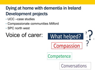 Dying at home with dementia in Ireland
Development projects
• UCC –case studies
• Compassionate communities Milford
• SPC north west
Voice of carer:
 