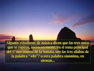 Algunos estudiosos de música dicen que las tres notas que se repiten, insistentemente, en el tema principal del 1º movimento de la Sonata, son las tres sílabas de la palabra “ why ”? u otra palabra sinónima, en alemán... 