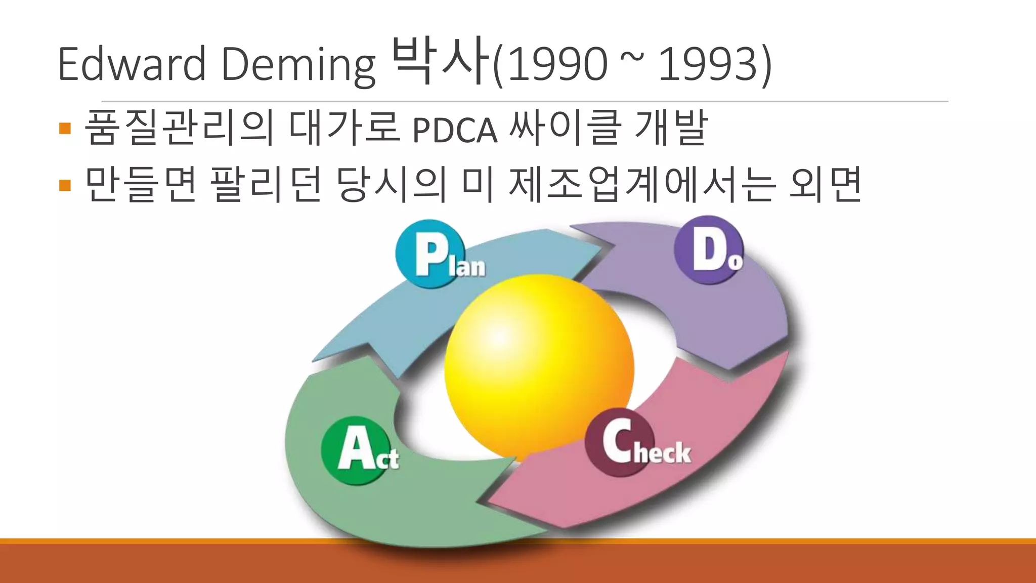 Edward Deming 박사(1990 ~ 1993)
 품질관리의 대가로 PDCA 싸이클 개발
 만들면 팔리던 당시의 미 제조업계에서는 외면
 