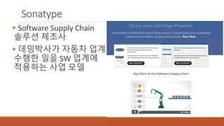 Sonatype
 Software Supply Chain
솔루션 제조사
 데밍박사가 자동차 업계에
수행한 일을 SW 업계에
적용하는 사업 모델
 
