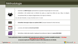 2pour Microsoft – Les Français et la prévention grâce au numérique – Mai 2014“opinionway
Méthodologie
 Echantillon de 1008 Français représentatif de la population française âgée de 18 ans et plus.
 L’échantillon a été constitué selon la méthode des quotas, au regard des critères de sexe, d’âge, de catégorie
socioprofessionnelle, de catégorie d’agglomération et de région de résidence.
Pour cette taille d’échantillon, la marge d’incertitude est de 2 à 3 points
 Echantillon interrogé en ligne sur système CAWI (Computer Assistance for Web Interview)
 Le terrain a été réalisé les 23 et 24 avril 2014
 OpinionWay a réalisé cette enquête en appliquant les procédures et règles de la norme ISO 20252
Toute publication totale ou partielle doit impérativement utiliser la mention complète suivante : « Sondage
OpinionWay pour Microsoft »
et aucune reprise de l’enquête ne pourra être dissociée de cet intitulé.
 