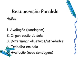 Recuperação Paralela Ações: 1. Avaliação (sondagem) 2. Organização da sala 3. Determinar objetivos/atividades 4. Trabalho em sala 5. Avaliação (nova sondagem) 
