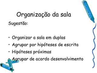 Organização da sala Sugestão: Organizar a sala em duplas Agrupar por hipóteses de escrita Hipóteses próximas Agrupar de acordo desenvolvimento 