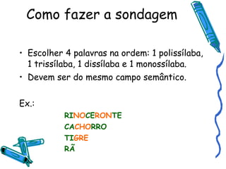 Como fazer a sondagem Escolher 4 palavras na ordem:  1 polissílaba, 1 trissílaba, 1 dissílaba e 1 monossílaba.  Devem ser do mesmo campo semântico.  Ex.: RI NO CE RON TE CA CHO RRO TI GRE RÃ     