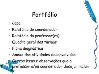 Portfólio Capa Relatório do coordenador Relatório do professor(es) Quadro geral das turmas Ficha diagnóstica Anexo das atividades desenvolvidas Outros itens e observações que o professor e/ou coordenador desejar incluir 