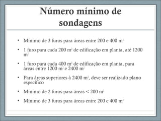 Número mínimo de
sondagens
• Mínimo de 3 furos para áreas entre 200 e 400 m2
• 1 furo para cada 200 m2
de edificação em planta, até 1200
m2
• 1 furo para cada 400 m2
de edificação em planta, para
áreas entre 1200 m2
e 2400 m2
• Para áreas superiores à 2400 m2
, deve ser realizado plano
específico
• Mínimo de 2 furos para áreas < 200 m2
• Mínimo de 3 furos para áreas entre 200 e 400 m2
 