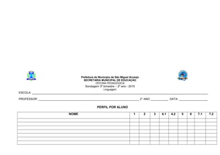 Prefeitura do Município de São Miguel Arcanjo
SECRETARIA MUNICIPAL DE EDUCAÇÃO
OFICINA PEDAGÓGICA
Sondagem 3º bimestre – 2º ano - 2015
Linguagem
ESCOLA: ______________________________________________________________________________________________________________
PROFESSOR: _______________________________________________________________ 2° ANO ___________ DATA: __________________
PERFIL POR ALUNO
NOME 1 2 3 4.1 4.2 5 6 7.1 7.2
 