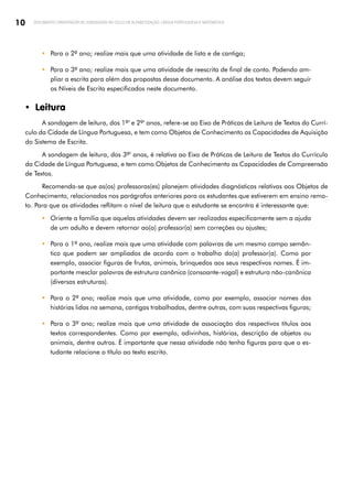 10 DOCUMENTO ORIENTADOR DE SONDAGENS NO CICLO DE ALFABETIZAÇÃO: LÍNGUA PORTUGUESA E MATEMÁTICA
y Para o 2º ano; realize mais que uma atividade de lista e de cantiga;
y Para o 3º ano; realize mais que uma atividade de reescrita de final de conto. Podendo am­
pliar a escrita para além das propostas desse documento. A análise dos textos devem seguir
os Níveis de Escrita especificados neste documento.
y Leitura
A sondagem de leitura, dos 1ºs
e 2ºs
anos, refere-se ao Eixo de Práticas de Leitura de Textos do Currí­
culo da Cidade de Língua Portuguesa, e tem como Objetos de Conhecimento as Capacidades de Aquisição
do Sistema de Escrita.
A sondagem de leitura, dos 3ºs
anos, é relativa ao Eixo de Práticas de Leitura de Textos do Currículo
da Cidade de Língua Portuguesa, e tem como Objetos de Conhecimento as Capacidades de Compreensão
de Textos.
Recomenda-se que as(os) professoras(es) planejem atividades diagnósticas relativas aos Objetos de
Conhecimento, relacionados nos parágrafos anteriores para os estudantes que estiverem em ensino remo­
to. Para que as atividades reflitam o nível de leitura que o estudante se encontra é interessante que:
y Oriente a família que aquelas atividades devem ser realizadas especificamente sem a ajuda
de um adulto e devem retornar ao(a) professor(a) sem correções ou ajustes;
y Para o 1º ano, realize mais que uma atividade com palavras de um mesmo campo semân­
tico que podem ser ampliados de acordo com o trabalho do(a) professor(a). Como por
exemplo, associar figuras de frutas, animais, brinquedos aos seus respectivos nomes. É im­
portante mesclar palavras de estrutura canônica (consoante-vogal) e estrutura não-canônica
(diversas estruturas).
y Para o 2º ano; realize mais que uma atividade, como por exemplo, associar nomes das
histórias lidas na semana, cantigas trabalhadas, dentre outras, com suas respectivas figuras;
y Para o 3º ano; realize mais que uma atividade de associação dos respectivos títulos aos
textos correspondentes. Como por exemplo, adivinhas, histórias, descrição de objetos ou
animais, dentre outros. É importante que nessa atividade não tenha figuras para que o es­
tudante relacione o título ao texto escrito.
 