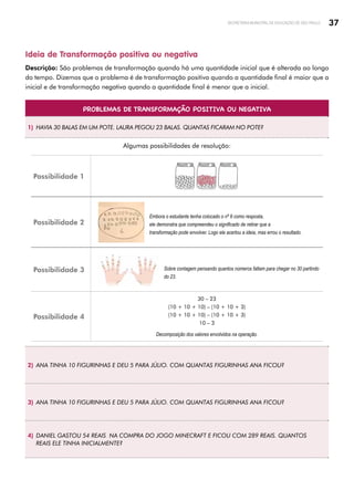 37
SECRETARIA MUNICIPAL DE EDUCAÇÃO DE SÃO PAULO
Ideia de Transformação positiva ou negativa
Descrição: São problemas de transformação quando há uma quantidade inicial que é alterada ao longo
do tempo. Dizemos que o problema é de transformação positiva quando a quantidade final é maior que a
inicial e de transformação negativa quando a quantidade final é menor que a inicial.
PROBLEMAS DE TRANSFORMAÇÃO POSITIVA OU NEGATIVA
1) HAVIA 30 BALAS EM UM POTE. LAURA PEGOU 23 BALAS. QUANTAS FICARAM NO POTE?
Algumas possibilidades de resolução:
Possibilidade 1
Possibilidade 2
Embora o estudante tenha colocado o nº 6 como resposta,
ele demonstra que compreendeu o significado de retirar que a
transformação pode envolver. Logo ele acertou a ideia, mas errou o resultado.
Possibilidade 3 Sobre contagem pensando quantos números faltam para chegar no 30 partindo
do 23.
Possibilidade 4
30 – 23
(10 + 10 + 10) – (10 + 10 + 3)
(10 + 10 + 10) – (10 + 10 + 3)
10 – 3
Decomposição dos valores envolvidos na operação.
2) ANA TINHA 10 FIGURINHAS E DEU 5 PARA JÚLIO. COM QUANTAS FIGURINHAS ANA FICOU?
3) ANA TINHA 10 FIGURINHAS E DEU 5 PARA JÚLIO. COM QUANTAS FIGURINHAS ANA FICOU?
4) DANIEL GASTOU 54 REAIS NA COMPRA DO JOGO MINECRAFT E FICOU COM 289 REAIS. QUANTOS
REAIS ELE TINHA INICIALMENTE?
 