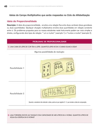 40 DOCUMENTO ORIENTADOR DE SONDAGENS NO CICLO DE ALFABETIZAÇÃO: LÍNGUA PORTUGUESA E MATEMÁTICA
Ideias do Campo Multiplicativo que serão mapeadas no Ciclo da Alfabetização
Ideia de Proporcionalidade
Descrição: A ideia de proporcionalidade, envolve uma relação fixa entre duas variáveis (duas grandezas
ou duas quantidades). Qualquer situação multiplicativa envolve duas quantidades em relação constante
entre si. Os problemas propostos para os nossos estudantes neste Instrumento podem ser mais simples e
diretos, configurando dois tipos de relação: “ um a muitos” ( exemplo 1) e “muitos a muitos” (exemplo 2).
PROBLEMAS DE PROPORCIONALIDADE
1) UMA CAIXA DE LÁPIS DE COR TEM 6 LÁPIS. QUANTOS LÁPIS HÁ EM 3 CAIXAS IGUAIS A ESSA?
Algumas possibilidades de resolução:
Possibilidade 1
Possibilidade 2
Quando o estudante não entender a ideia, pode ser que registre 6 + 3, que remete a ideia de composição..
2) UMA TORNEIRA ENCHE UM TANQUE COM CAPACIDADE DE 480 LITROS EM 4 HORAS. QUANTOS LITROS DE
ÁGUA ELA DESPEJA EM 8 HORAS?
 