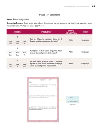 45
SECRETARIA MUNICIPAL DE EDUCAÇÃO DE SÃO PAULO
1º ANO | 4ª SONDAGEM
Tema: Álbum de figurinhas
Contextualização: Gael levou seu álbum de animais para a escola e as figurinhas repetidas para
trocar também. Vamos ver o que aconteceu!
ORDEM PROBLEMA
CAMPO
CONCEITUAL
IDEIA
1
Parte Parte Todo
Dada Dada ?
Gael tem 8 figurinhas repetidas e Marina tem 5.
Quantas figurinhas repetidas eles têm juntos?
Aditivo Composição
2
Todo Parte Parte
Dado Dada ?
Numa página do álbum existem 20 figurinhas, 12 são
de aves. Quantas figurinhas são de répteis?
Aditivo Composição
3
Todo Parte Parte
Dado ? Dada
Na última página do álbum cabem 22 figurinhas.
Algumas já foram coladas e ainda tem 18 espaços
vazios. Quantas figurinhas estão coladas?
Aditivo Composição
1º Ano
4ª Sondagem
Anexo p. 83
Freepik/brgfx
4ª SONDAGEM DATA: / /
NOME:
1) GAEL TEM 8 FIGURINHAS REPETIDAS E MARINA TEM 5. QUANTAS
FIGURINHAS REPETIDAS ELES TÊM JUNTOS?
2) NUMA PÁGINA DO ÁLBUM EXISTEM 20 FIGURINHAS, 12 SÃO DE
AVES. QUANTAS FIGURINHAS SÃO DE RÉPTEIS?
3) NA ÚLTIMA PÁGINA DO ÁLBUM CABEM 22 FIGURINHAS.ALGUMAS
JÁ FORAM COLADAS E AINDA TEM 18 ESPAÇOS VAZIOS. QUANTAS
FIGURINHAS ESTÃO COLADAS?
 