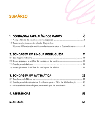 SUMÁRIO
1 . SONDAGEM PARA ALÉM DOS DADOS 6
1.1 
A importância da organização dos registros.................................................... 8
1.2 Recomendações para Avaliação Diagnóstica
Ciclo de Alfabetização em Língua Portuguesa para o Ensino Remoto............... 9
2. SONDAGEM EM LÍNGUA PORTUGUESA 11
2.1 Sondagem de Escrita...................................................................................... 11
2.2 Como proceder a análise da sondagem de escrita......................................... 19
2.3 Sondagem de Leitura .................................................................................... 21
2.4 Como proceder à análise da sondagem de leitura......................................... 26
3. SONDAGEM EM MATEMÁTICA 28
3.1 Sondagem de Números.................................................................................. 28
3.2 
Sondagem de Resolução de Problemas para o Ciclo de Alfabetização........... 35
3.3 Instrumentos de sondagem para resolução de problemas............................. 42
4. REFERÊNCIAS 55
5. ANEXOS 55
 