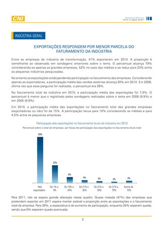 Sondagem eSpecial
                                                                                                 Ano 9, n.3, agosto de 2011




  INDÚSTRIA GERAL

                 ExportaçõEs rEspondEm por mEnor parcEla do
                          faturamEnto da indústria

Entre as empresas da indústria de transformação, 41% exportaram em 2010. A proporção é
semelhante ao observado em sondagens anteriores sobre o tema. O percentual alcança 79%
considerando-se apenas as grandes empresas, 52% no caso das médias e se reduz para 23% entre
as pequenas indústrias pesquisadas.

No entanto as exportações estão perdendo participação no faturamento das empresas. Considerando
apenas as exportadoras, a participação média das vendas externas alcança 20% em 2010. Em 2008,
última vez que essa pergunta foi realizada, o percentual era 26%.

No faturamento total da indústria em 2010, a participação média das exportações foi 7,9%. O
percentual é menor que o registrado pelas sondagens realizadas sobre o tema em 2008 (8,9%) e
em 2005 (9,9%).

Em 2010, a participação média das exportações no faturamento total das grandes empresas
(exportadoras ou não) foi de 15%. A participação recua para 10% considerando as médias e para
4,0% entre as pequenas empresas.

                   Participação das exportações no faturamento bruto da indústria em 2010
       Percentual sobre o total de empresas, por faixas de participação das exportações no faturamento bruto total

                     59%




                                  23%



                                                8%
                                                             4%           3%                          3%
                                                                                        2%


                    Não        De 1% a      De 10% a      De 21% a     De 31% a     De 51% a      Acima de
                exportadora       9%           20%           30%          50%          70%           70%

Para 2011, não se espera grande alteração nesse quadro. Quase metade (47%) das empresas que
pretendem exportar em 2011 espera manter estável a proporção entre as exportações e o faturamento
total da empresa. Para 29%, a expectativa é de aumento da participação, enquanto 24% esperam queda,
sendo que 6% esperam queda acentuada.


                                                            3
 