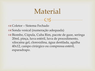 
 Coletor – Sistema Fechado
 Sonda vesical (numeração adequada)
 Biombo, Cúpula, Cuba Rim, pacote de gaze, seringa
20ml, pinça, luva estéril, luva de procedimento,
xilocaína gel, clorexidina, água destilada, agulha
40x12, campo cirúrgico ou compressa estéril,
esparadrapo.
Material
 