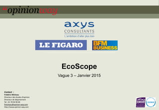 1pour – EcoScope – Janvier 2015
EcoScope
Vague 3 – Janvier 2015
Contact :
Frédéric Micheau
Directeur des études d’opinion
Directeur de département
Tel : 01 78 94 90 00
fmicheau@opinion-way.com
http://www.opinion-way.com
 