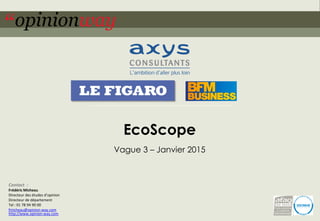 1pour – EcoScope – Janvier 2015
EcoScope
Vague 3 – Janvier 2015
Contact :
Frédéric Micheau
Directeur des études d’opinion
Directeur de département
Tel : 01 78 94 90 00
fmicheau@opinion-way.com
http://www.opinion-way.com
 