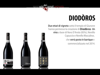 DIODÒROS
Due ettari di vigneto sotto il tempio di Giunone
hanno permesso la creazione di Diodòros. Un
     vino a base di Nero D’Avola (85%), Nerello
                  Capuccio e Nerello Mascalese,
                   che verrà posto in barrique e
                     commercializzato nel 2014.
 