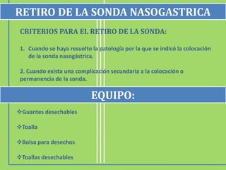RETIRO DE LA SONDA NASOGASTRICA
 CRITERIOS PARA EL RETIRO DE LA SONDA:

 1. Cuando se haya resuelto la patología por la que se indicó la colocación
    de la sonda nasogástrica.

 2. Cuando exista una complicación secundaria a la colocación o
 permanencia de la sonda.

                            EQUIPO:
Guantes desechables

Toalla

Bolsa para desechos

Toallas desechables
 