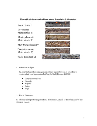 Figura Grado de meteorización en tramos de sondajes de diamantina
4. Condición de Agua
Se describe la condición de agua presente en la pared rocosa de acuerdo a lo
recomendado en el sistema de clasificación RMR Bieniawski 1989:
• Completamente Seco
• Húmedo
• Mojado
• Goteo
• Flujo
5. Efecto Tronadura
Se estima el daño producido por la faena de tronadura, el cual se define de acuerdo a el
siguiente cuadro:
4
 