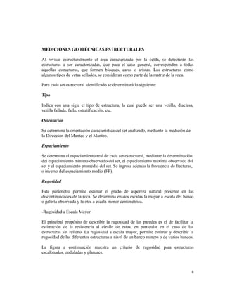 MEDICIONES GEOTÉCNICAS ESTRUCTURALES
Al revisar estructuralmente el área caracterizada por la celda, se detectarán las
estructuras a ser caracterizadas, que para el caso general, corresponden a todas
aquellas estructuras, que formen bloques, caras o aristas. Las estructuras como
algunos tipos de vetas sellados, se consideran como parte de la matriz de la roca.
Para cada set estructural identificado se determinará lo siguiente:
Tipo
Indica con una sigla el tipo de estructura, la cual puede ser una vetilla, diaclasa,
vetilla fallada, falla, estratificación, etc.
Orientación
Se determina la orientación característica del set analizado, mediante la medición de
la Dirección del Manteo y el Manteo.
Espaciamiento
Se determina el espaciamiento real de cada set estructural, mediante la determinación
del espaciamiento mínimo observado del set, el espaciamiento máximo observado del
set y el espaciamiento promedio del set. Se ingresa además la frecuencia de fracturas,
o inverso del espaciamiento medio (FF).
Rugosidad
Este parámetro permite estimar el grado de aspereza natural presente en las
discontinuidades de la roca. Se determina en dos escalas la mayor a escala del banco
o galería observada y la otra a escala menor centimétrica.
-Rugosidad a Escala Mayor
El principal propósito de describir la rugosidad de las paredes es el de facilitar la
estimación de la resistencia al cizalle de estas, en particular en el caso de las
estructuras sin relleno. La rugosidad a escala mayor, permite estimar y describir la
rugosidad de las diferentes estructuras a nivel de un banco minero o de varios bancos.
La figura a continuación muestra un criterio de rugosidad para estructuras
escalonadas, onduladas y planares.
8
 