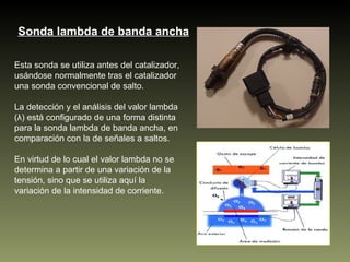 Sonda lambda de banda ancha Esta sonda se utiliza antes del catalizador, usándose normalmente tras el catalizador una sonda convencional de salto. La detección y el análisis del valor lambda ( λ)  está configurado de una forma distinta para la sonda lambda de banda ancha, en comparación con la de señales a saltos. En virtud de lo cual el valor lambda no se determina a partir de una variación de la tensión, sino que se utiliza aquí la variación de la intensidad de corriente.  