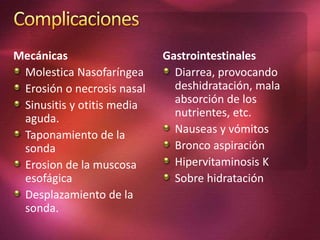 Mecánicas 
Molestica Nasofaríngea 
Erosión o necrosis nasal 
Sinusitis y otitis media 
aguda. 
Taponamiento de la 
sonda 
Erosion de la muscosa 
esofágica 
Desplazamiento de la 
sonda. 
Gastrointestinales 
Diarrea, provocando 
deshidratación, mala 
absorción de los 
nutrientes, etc. 
Nauseas y vómitos 
Bronco aspiración 
Hipervitaminosis K 
Sobre hidratación 
 