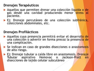 Drenajes Terapéuticos
 Aquellos que permiten drenar una colección líquida o de
gas desde una cavidad produciendo menor stress al
paciente.
 Ej: Drenaje percutáneo de una colección subfrénica,
colecciones abdominales, etc.
Drenajes Profilácticos
 Aquellos cuya presencia permitirá evitar el desarrollo de
una colección o advertir en forma precoz la presencia de
una complicación.
 Se indican en caso de grandes disecciones o anastomosis
de alto riesgo.
 Ej: Drenaje tubular a caída libre en anastomosis. Drenaje
Tubular aspirativo Hemovac o Jackson-Pratt en
disecciones de tejido celular subcutáneo
 