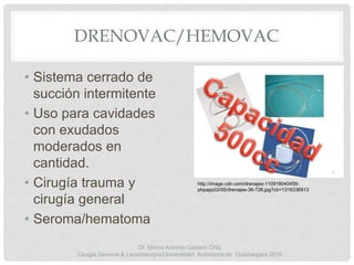 DRENOVAC/HEMOVAC
• Sistema cerrado de
succión intermitente
• Uso para cavidades
con exudados
moderados en
cantidad.
• Cirugía trauma y
cirugía general
• Seroma/hematoma
http://image.cdn.com/drenajes-110918040459-
phpapp02/95/drenajes-36-728.jpg?cb=1316336913
Dr. Marco Antonio Cedano Ortiz
Cirugía General & Laparoscopia/Universidad Autónoma de Guadalajara 2016
 