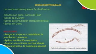 Las sondas endotraqueales Se clasifican en:
SONDAS ENDOTRAQUEALES
•Sondas con globo: Sonda de Rush
•Sonda tipo Murphy
•Sonda para intubación bronquial selectiva
•Sonda sin Globo
INDICACIONES
•Asegurar, mejorar o restablecer la
ventilación pulmonar
•Aplicar ventilación mecánica
•Aspirar secreciones de vías aéreas
•Administración de anestesia general
 