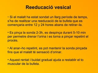 Si el malalt ha estat sondat un llarg període de temps, s’ha de realitzar una reeducació de la bufeta que es començaria entre 12 y 24 hores abans de retirar–la. Es pinça la sonda 2-3h, es despinça durant 5-10 min per permetre drenar l’orina i es torna a pinçar repetint el procés.  Al anar–ho repetint, es pot mantenir la sonda pinçada fins que el malalt té sensació d’orinar. Aquest rentat i buidat gradual ajuda a restablir el to muscular de la bufeta. Reeducació vesical 