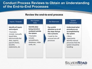 Conduct Process Reviews to Obtain an Understanding
of the End-to-End Processes

                         Review the end-to-end process

                             Non System                                 System
    Inputs / Outputs                            Be Observant
                                Data                                   Utilization

   Identify all inputs     Identify data      Pay careful           Understand what
   and outputs             being stored or    attention as to all   procedures are
   • Examples              analyzed outside   the steps that go     accomplished by
   include: manually       the system         into a process        the system
   keyed data,             • Examples         • Look for the        • More
   electronically fed      include:           unusual one-off       importantly
   data, reports,          spreadsheets,      processes             identify manual
   payroll checks,         databases, index                         processes that the
   benefits                cards, etc.                              system should be
   statements, etc                                                  handling
 