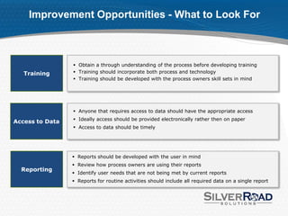 Improvement Opportunities - What to Look For



                  Obtain a through understanding of the process before developing training
   Training       Training should incorporate both process and technology
                  Training should be developed with the process owners skill sets in mind




                  Anyone that requires access to data should have the appropriate access
                  Ideally access should be provided electronically rather then on paper
Access to Data
                  Access to data should be timely




                  Reports should be developed with the user in mind
                  Review how process owners are using their reports
  Reporting
                  Identify user needs that are not being met by current reports
                  Reports for routine activities should include all required data on a single report
 