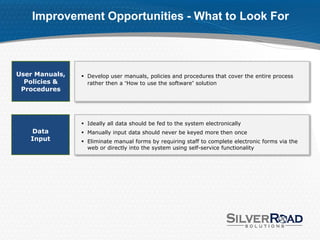 Improvement Opportunities - What to Look For



User Manuals,    Develop user manuals, policies and procedures that cover the entire process
  Policies &      rather then a “How to use the software” solution
 Procedures




                 Ideally all data should be fed to the system electronically
   Data          Manually input data should never be keyed more then once
   Input         Eliminate manual forms by requiring staff to complete electronic forms via the
                  web or directly into the system using self-service functionality
 