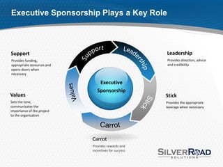 Executive Sponsorship Plays a Key Role



Support                                              Leadership
Provides funding,                                    Provides direction, advice
appropriate resources and                            and credibility
opens doors when
necessary

                                Executive
                               Sponsorship
Values                                               Stick
Sets the tone,                                       Provides the appropriate
communicates the                                     leverage when necessary
importance of the project
to the organization




                            Carrot
                            Provides rewards and
                            incentives for success
 