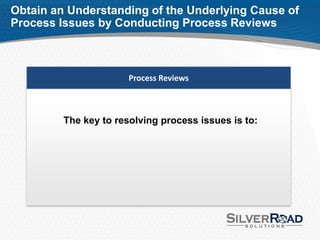 Obtain an Understanding of the Underlying Cause of
Process Issues by Conducting Process Reviews



                       Process Reviews



         The key to resolving process issues is to:
 