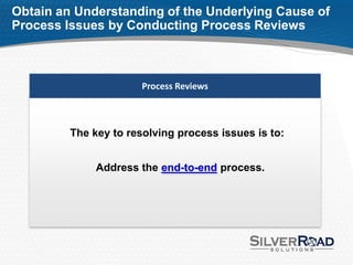 Obtain an Understanding of the Underlying Cause of
Process Issues by Conducting Process Reviews



                       Process Reviews



         The key to resolving process issues is to:


              Address the end-to-end process.
 
