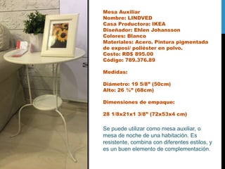 Mesa Auxiliar
Nombre: LINDVED
Casa Productora: IKEA
Diseñador: Ehlen Johansson
Colores: Blanco
Materiales: Acero. Pintura pigmentada
de exposi/ poliéster en polvo.
Costo: RD$ 895.00
Código: 789.376.89
Medidas:
Diámetro: 19 5/8” (50cm)
Alto: 26 ¾” (68cm)
Dimensiones de empaque:
28 1/8x21x1 3/8” (72x53x4 cm)
Se puede utilizar como mesa auxiliar, o
mesa de noche de una habitación. Es
resistente, combina con diferentes estilos, y
es un buen elemento de complementación.
 