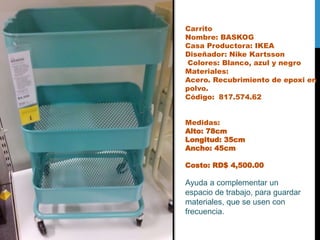 Carrito
Nombre: BASKOG
Casa Productora: IKEA
Diseñador: Nike Kartsson
Colores: Blanco, azul y negro
Materiales:
Acero. Recubrimiento de epoxi en
polvo.
Código: 817.574.62
Medidas:
Alto: 78cm
Longitud: 35cm
Ancho: 45cm
Costo: RD$ 4,500.00
Ayuda a complementar un
espacio de trabajo, para guardar
materiales, que se usen con
frecuencia.
 