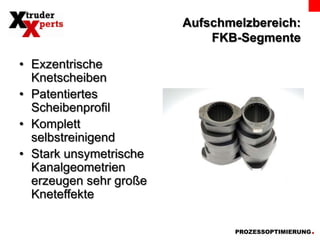 Aufschmelzbereich:FKB-SegmenteExzentrische KnetscheibenPatentiertes ScheibenprofilKomplett selbstreinigendStark unsymetrischeKanalgeometrien erzeugen sehr große Kneteffekte