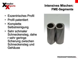 Intensives Mischen:FME-SegmenteExzentrisches ProfilProfil patentiertKomplette SelbstreinigungSehr schmaler Schneckensteg, daher sehr geringe Scherung zwischen Schneckensteg und Gehäuse