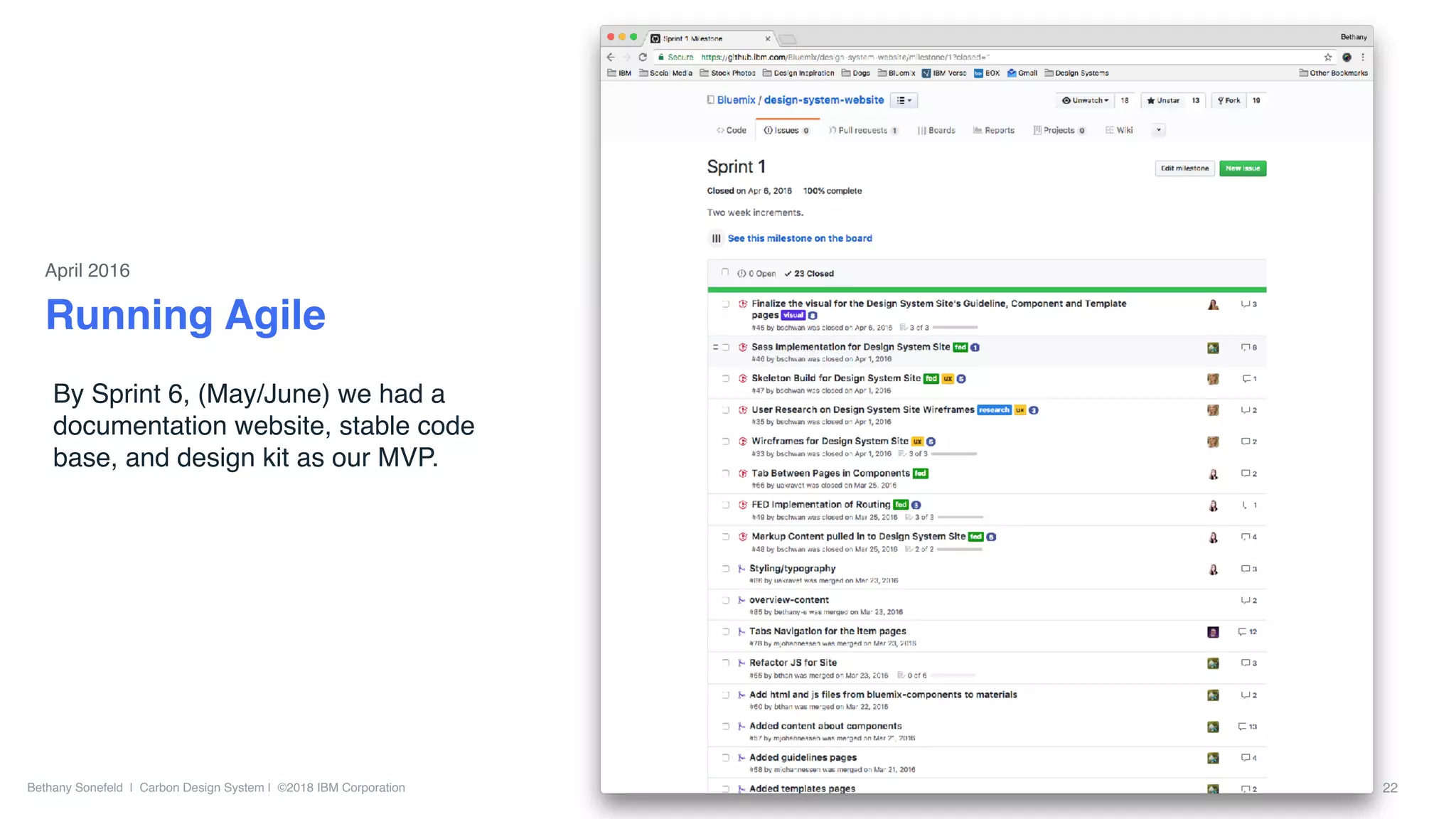 Bethany Sonefeld | Carbon Design System | ©2018 IBM Corporation 22
By Sprint 6, (May/June) we had a
documentation website, stable code
base, and design kit as our MVP.
Running Agile
April 2016
 