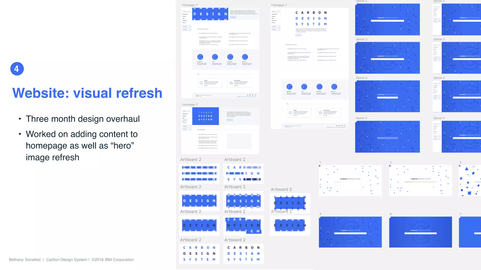 Bethany Sonefeld | Carbon Design System | ©2018 IBM Corporation
4
Website: visual refresh
60
• Three month design overhaul
• Worked on adding content to
homepage as well as “hero”
image refresh
 