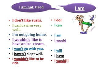 I am not tired
• I don’t like sushi.
• I can’t swim very
well.
• I’m not going home.
• I wouldn’t like to
have an ice-cream.
• I won’t go with you.
• I haven’t slept well.
• I wouldn’t like to be
rich.

I am
• I do!
• I can
• I am
• I would

• I will
• I have
• I would!!

 