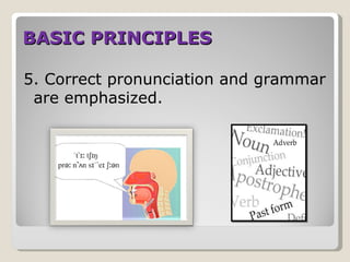 BASIC PRINCIPLES

5. Correct pronunciation and grammar
 are emphasized.
 